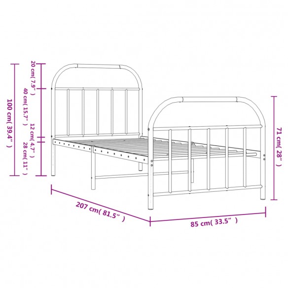 Cadre de lit métal avec tête de lit/pied de lit noir 80x200 cm