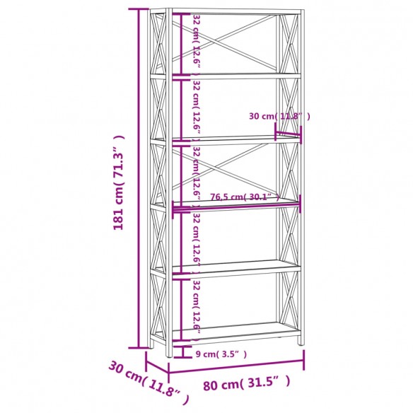 Étagère à 6 niveaux 80x30x181 cm bois de chêne massif
