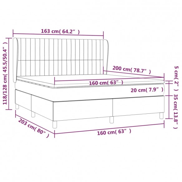 Cadre de lit et matelas Gris clair 160x200cm Velours