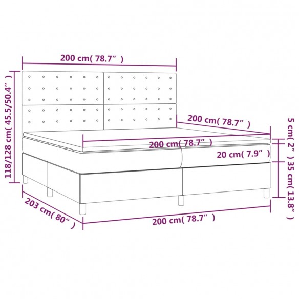 Cadre de lit matelas et LED Gris foncé 200x200 cm