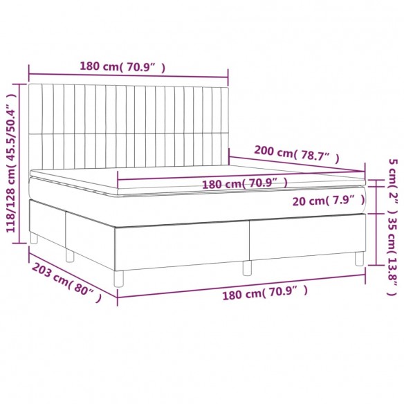 Cadre de lit et matelas et LED Gris foncé 180x200 cm