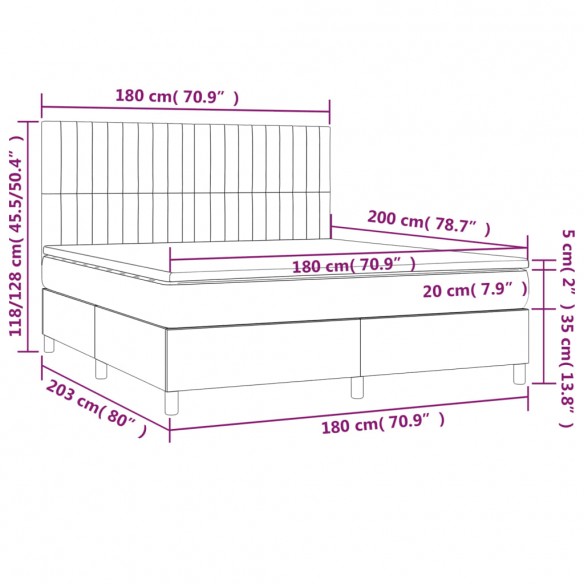 Cadre de lit matelas et LED Gris clair 180x200 cm