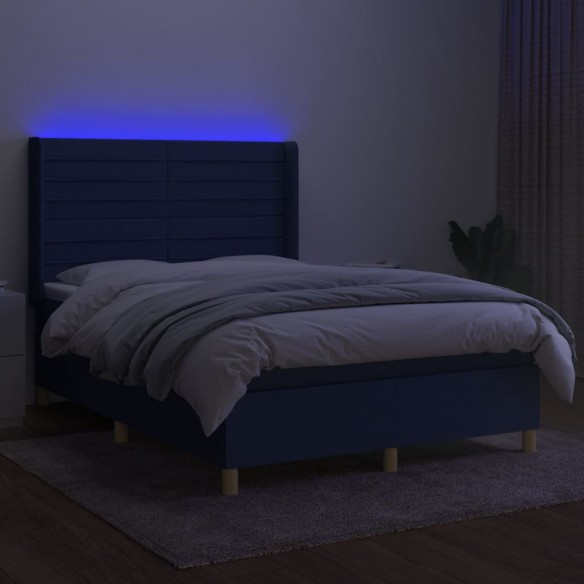 Cadre de lit matelas et LED Bleu 140x200 cm Tissu