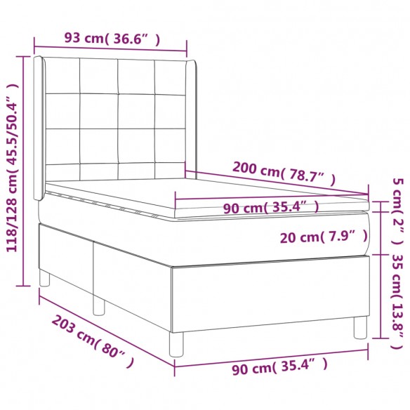 Cadre de lit matelas et LED Noir 90x200 cm Tissu