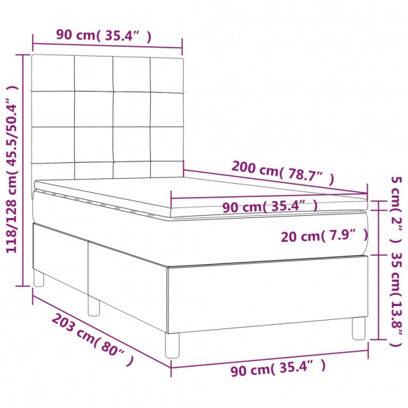 Cadre de lit avec matelas et LED Gris clair 90x200cm