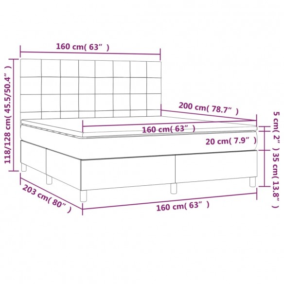 Cadre de lit et matelas et LED Gris clair 160x200 cm