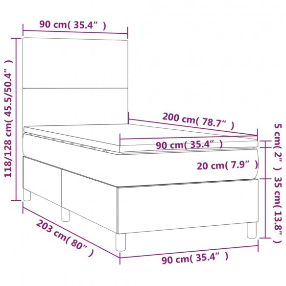 Cadre de lit avec matelas et LED Gris foncé 90x200cm