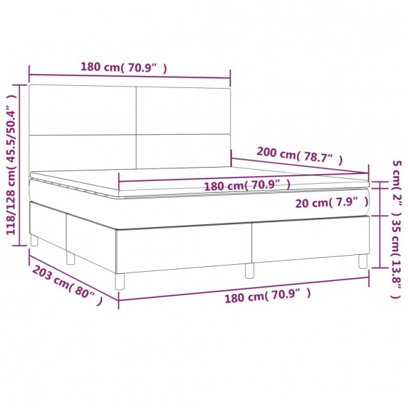 Cadre de lit et matelas et LED Gris foncé 180x200 cm