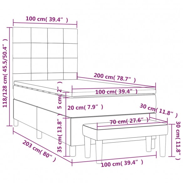 Cadre de lit et matelas Gris clair 100x200cm Velours