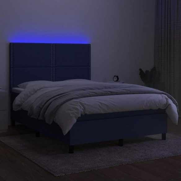 Cadre de lit et matelas et LED Bleu 140x190 cm Tissu