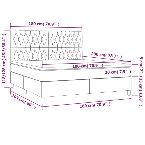 Cadre de lit et matelas et LED Gris foncé 180x200 cm