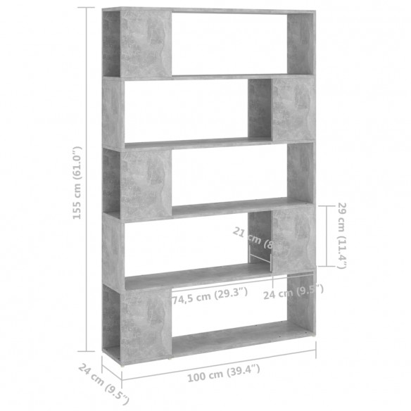 Bibliothèque de séparation Gris béton 100x24x155 cm Aggloméré