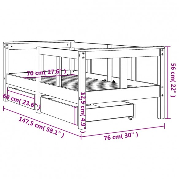 Cadre de lit enfant tiroirs blanc 70x140 cm bois de pin massif