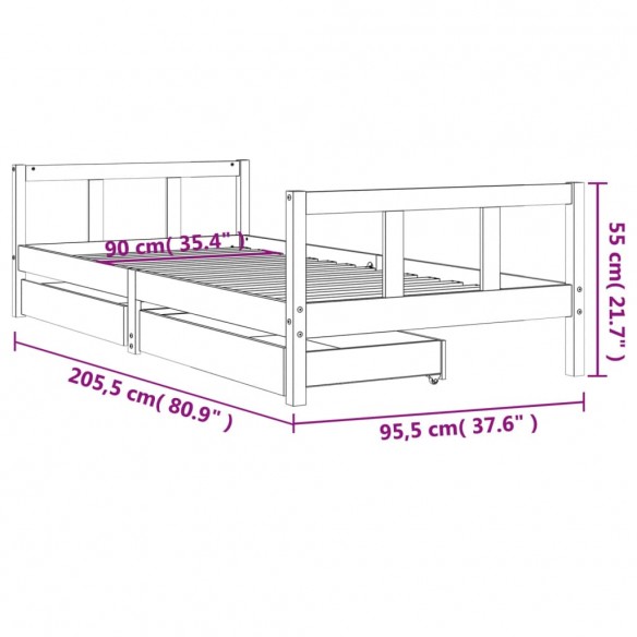 Cadre de lit enfant avec tiroirs noir 90x200 cm bois pin massif