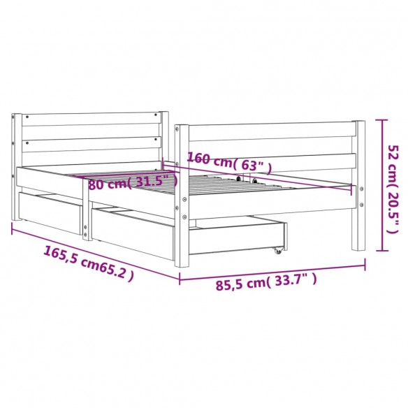 Cadre de lit pour enfant tiroirs noir 80x160 cm bois pin massif