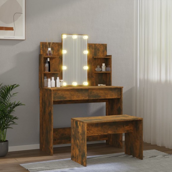 Ensemble de coiffeuse avec LED Chêne fumé Bois d'ingénierie