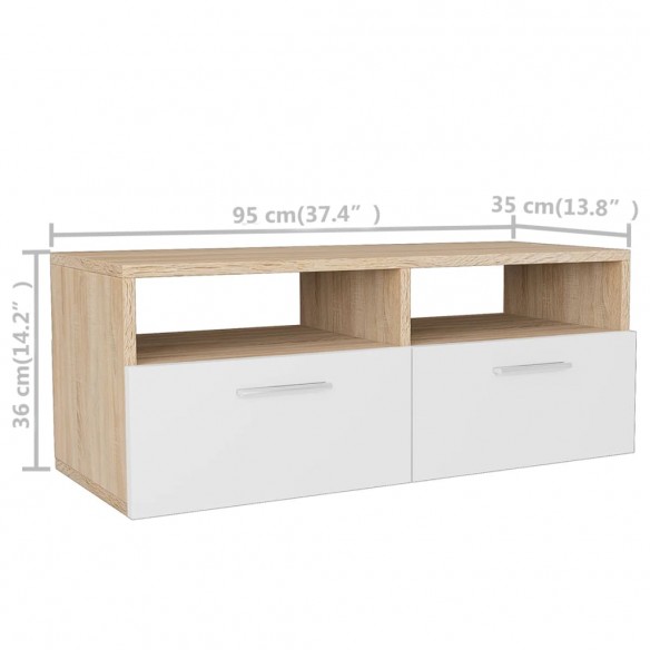 Meuble TV 2 pcs Aggloméré 95 x 35 x 36 cm Chêne et blanc