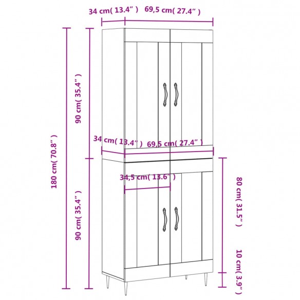 Buffet haut Sonoma gris 69,5x34x180 cm Bois d'ingénierie