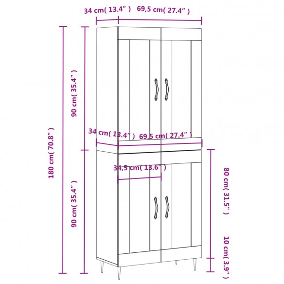 Buffet haut Blanc brillant 69,5x34x180 cm Bois d'ingénierie