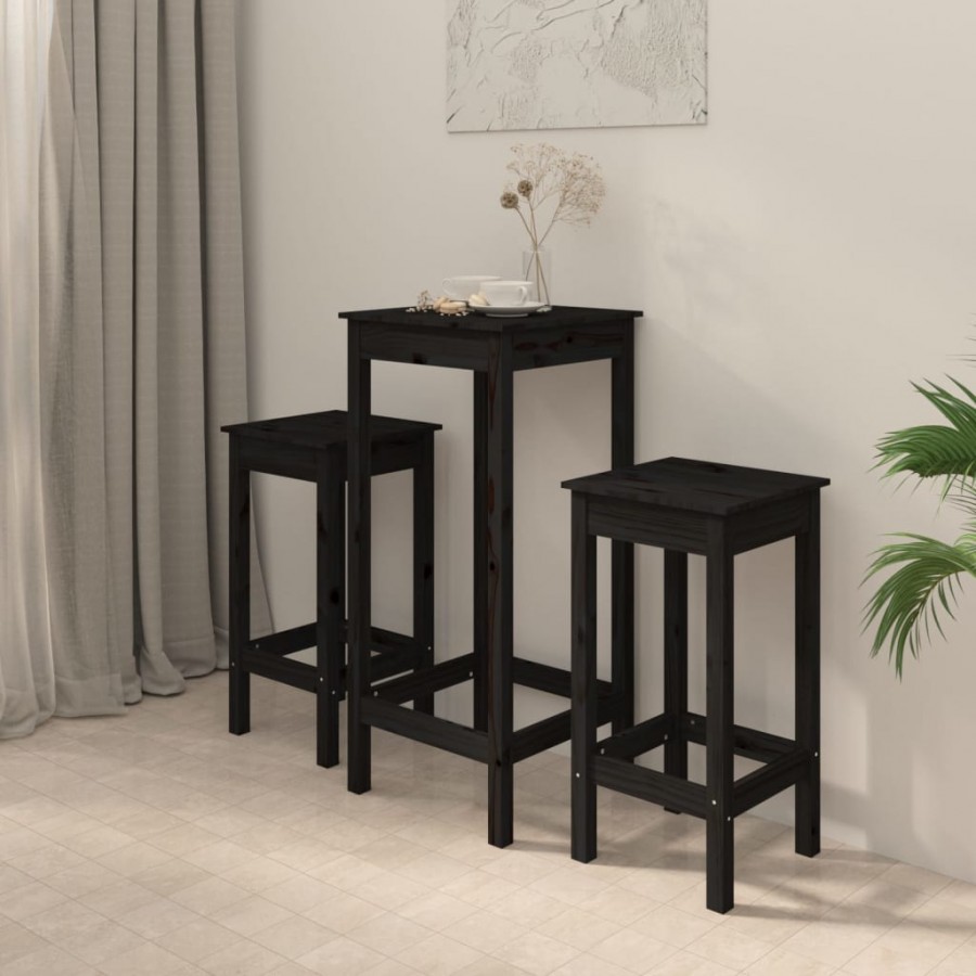 Ensemble de bar 3 pcs Noir Bois de pin massif