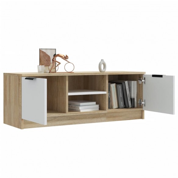 Meuble TV Blanc et chêne sonoma 102x35x36,5cm Bois d'ingénierie