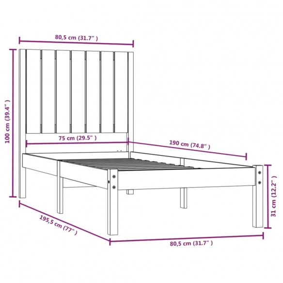 Cadre de lit Blanc Bois massif 75x190 cm Petit simple