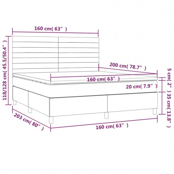 Cadre de lit matelas et LED Gris clair 160x200 cm