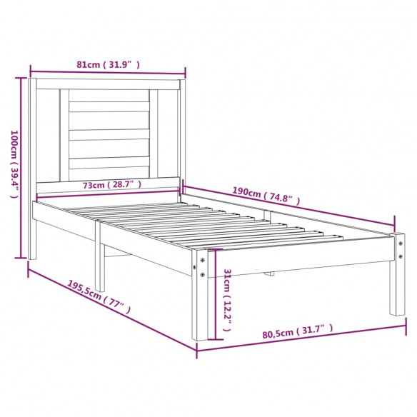 Cadre de lit bois massif 75x190 cm petit simple