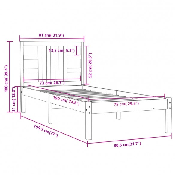 Cadre de lit Blanc Bois massif 75x190 cm Petit simple