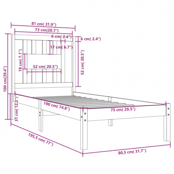 Cadre de lit Blanc Bois massif 75x190 cm Petit simple