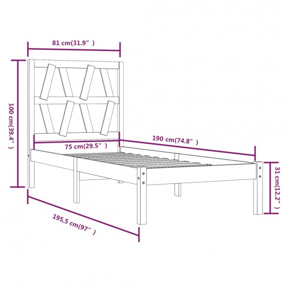 Cadre de lit Blanc Bois de pin massif 75x190 cm Petit simple