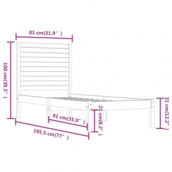 Cadre de lit bois massif 75x190 cm petit simple