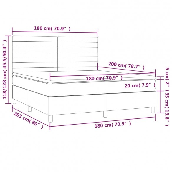 Cadre de lit et matelas et LED Gris clair 180x200 cm