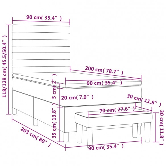 Cadre de lit avec matelas Gris clair 90x200 cm Tissu