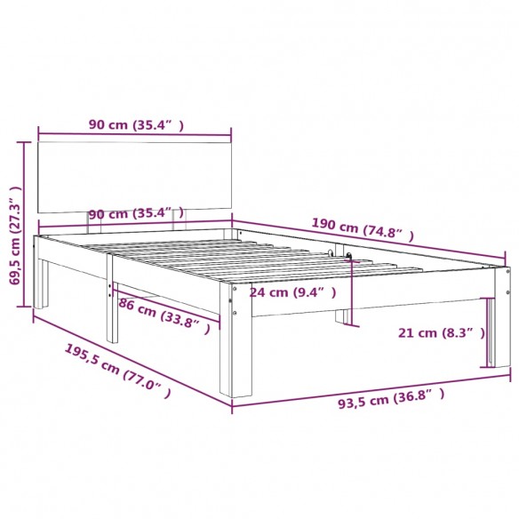 Cadre de lit bois massif 90x190 cm simple