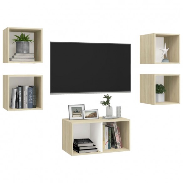 Ensemble de meuble TV 5 pcs Blanc et chêne sonoma Aggloméré