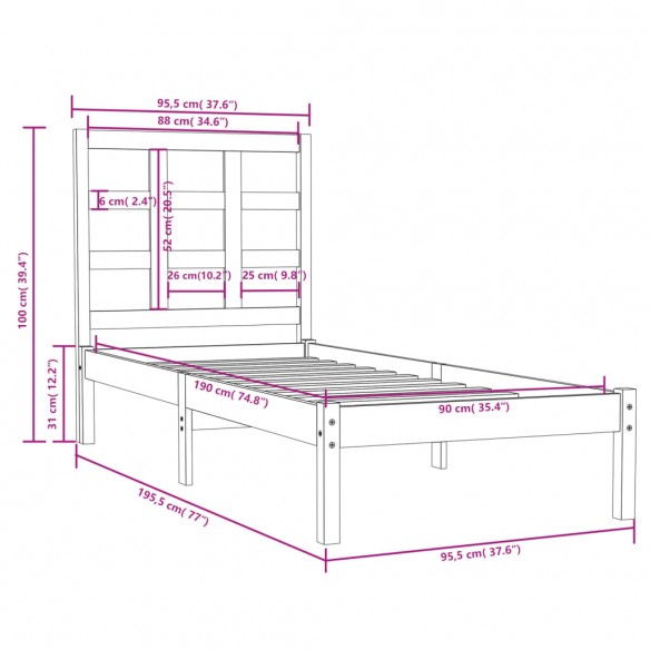 Cadre de lit Blanc Bois massif 90x190 cm Simple