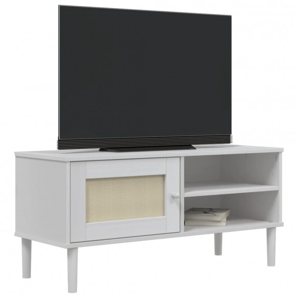 Meuble TV SENJA aspect rotin blanc 106x40x49cm bois massif pin