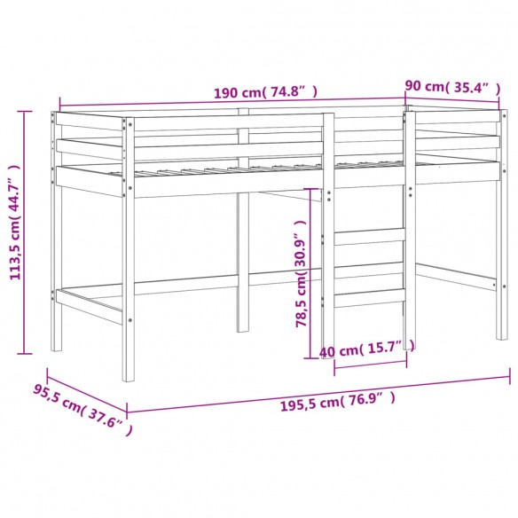 Lit mezzanine enfants échelle 90x190 cm bois pin massif