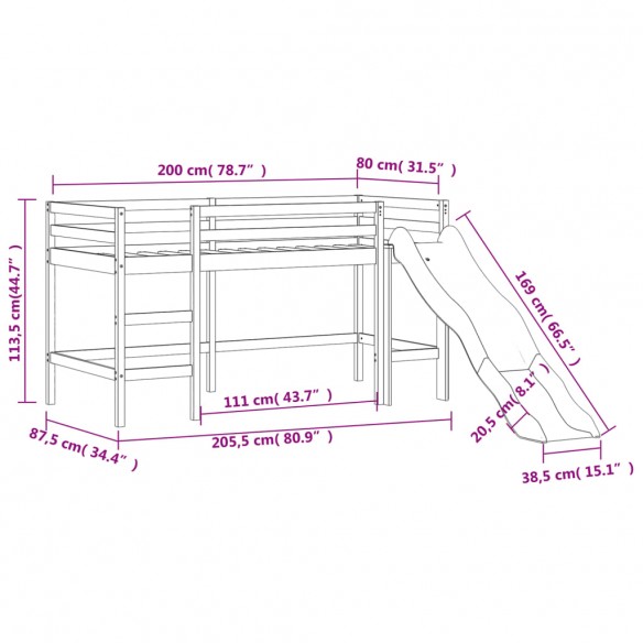 Lit mezzanine enfants toboggan blanc 80x200 cm bois pin massif