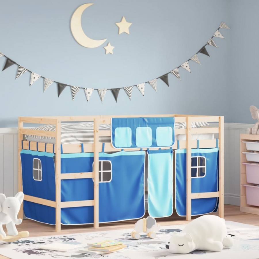 Lit mezzanine enfants et rideaux bleu 90x200cm bois pin massif