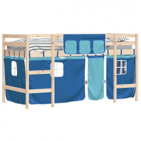 Lit mezzanine enfants et rideaux bleu 90x200cm bois pin massif