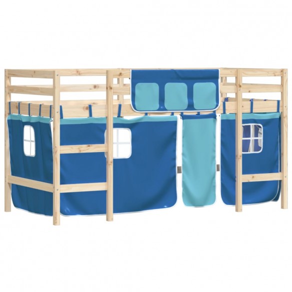 Lit mezzanine enfants et rideaux bleu 90x200cm bois pin massif