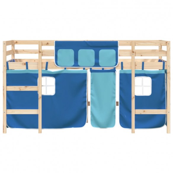 Lit mezzanine enfants et rideaux bleu 90x200cm bois pin massif