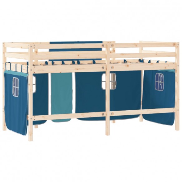 Lit mezzanine enfants et rideaux bleu 90x200cm bois pin massif