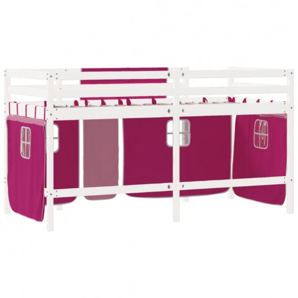 Lit mezzanine enfants et rideaux rose 90x190cm bois pin massif