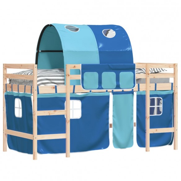 Lit mezzanine enfants avec tunnel bleu 90x200cm bois pin massif