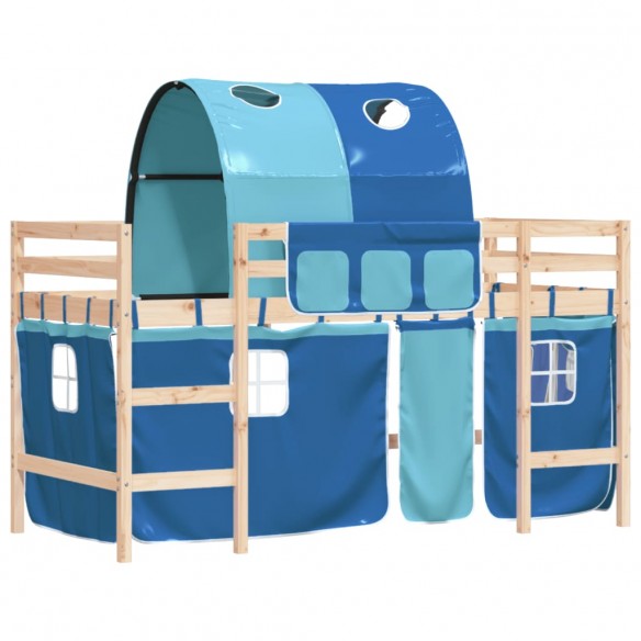 Lit mezzanine enfants avec tunnel bleu 90x200cm bois pin massif