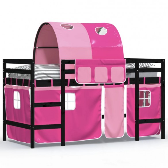 Lit mezzanine enfants avec tunnel rose 80x200cm bois pin massif