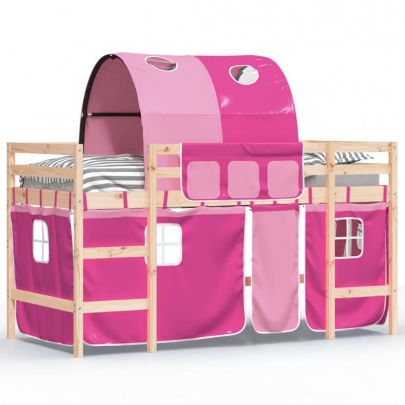 Lit mezzanine enfants avec tunnel rose 80x200cm bois pin massif